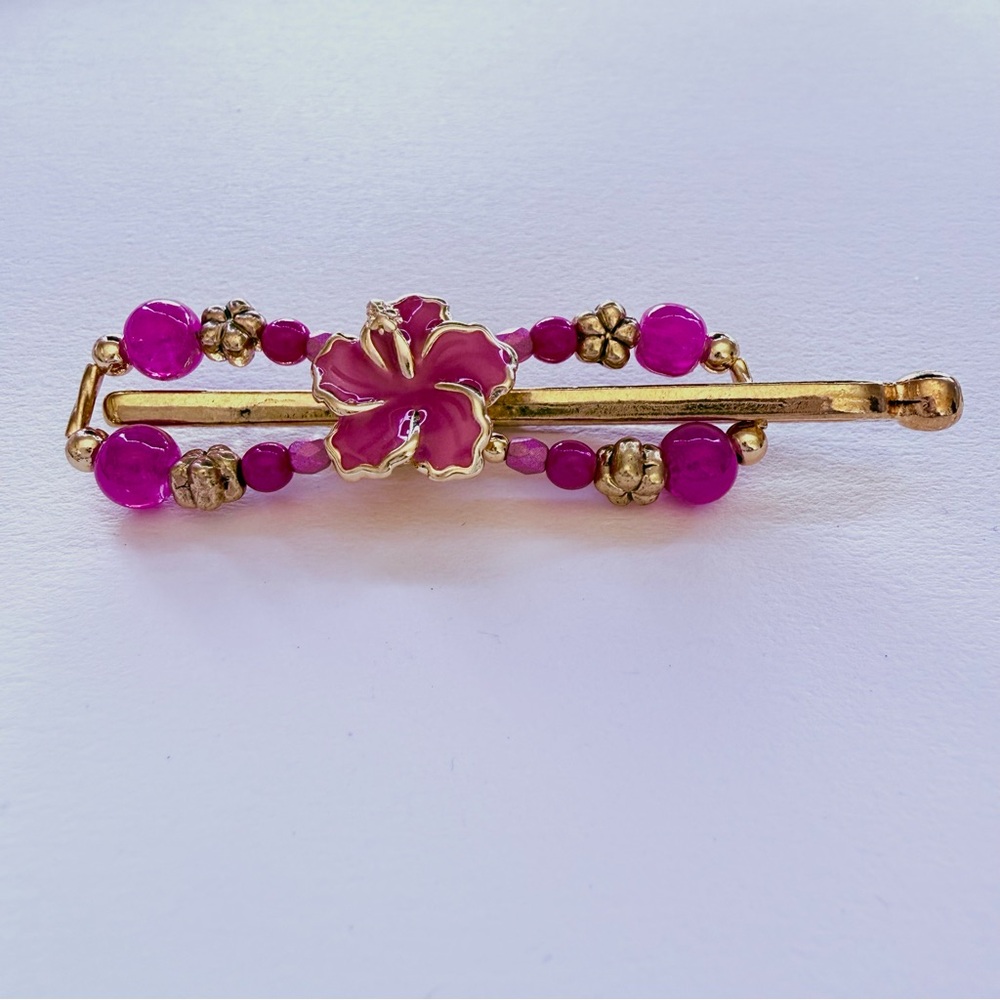 Beautiful Lilla Rose Hibiscus Pink and Gold Floral Flexi Hair Clip Extra Small